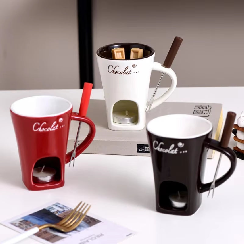 Fondue Mug Cheese Butter Melt Pot Butter Heater Coffee Cup with Fork Chocolate Melting Cup for Candy Tapas Dessert Kitchen Snack