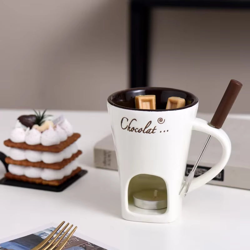 Fondue Mug Cheese Butter Melt Pot Butter Heater Coffee Cup with Fork Chocolate Melting Cup for Candy Tapas Dessert Kitchen Snack