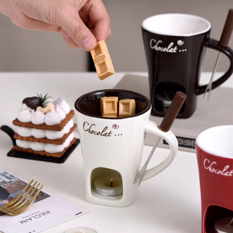 Fondue Mug Cheese Butter Melt Pot Butter Heater Coffee Cup with Fork Chocolate Melting Cup for Candy Tapas Dessert Kitchen Snack